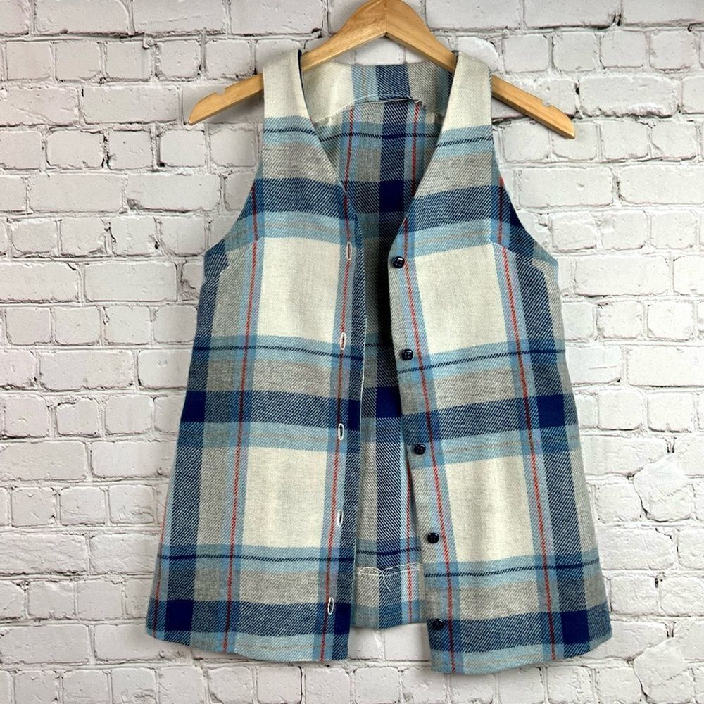 Vintage 60s Handmade Blue Flannel Wool Plaid Button Front Vest - Picture 8 of 8
